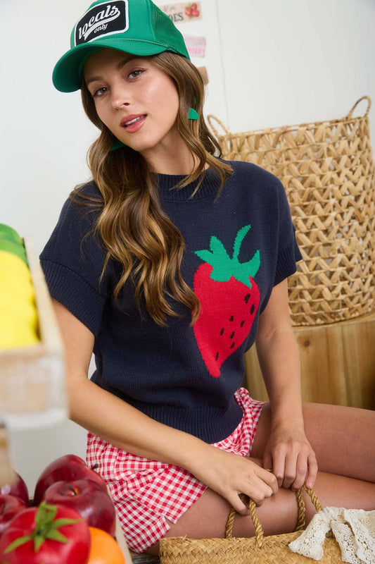 Strawberry Motif Short Sleeve Knit Pullover – Navy