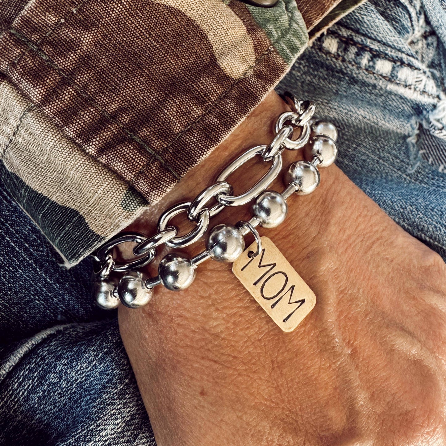 Hand Stamped MOM Brass Tag Bracelet: 7"
