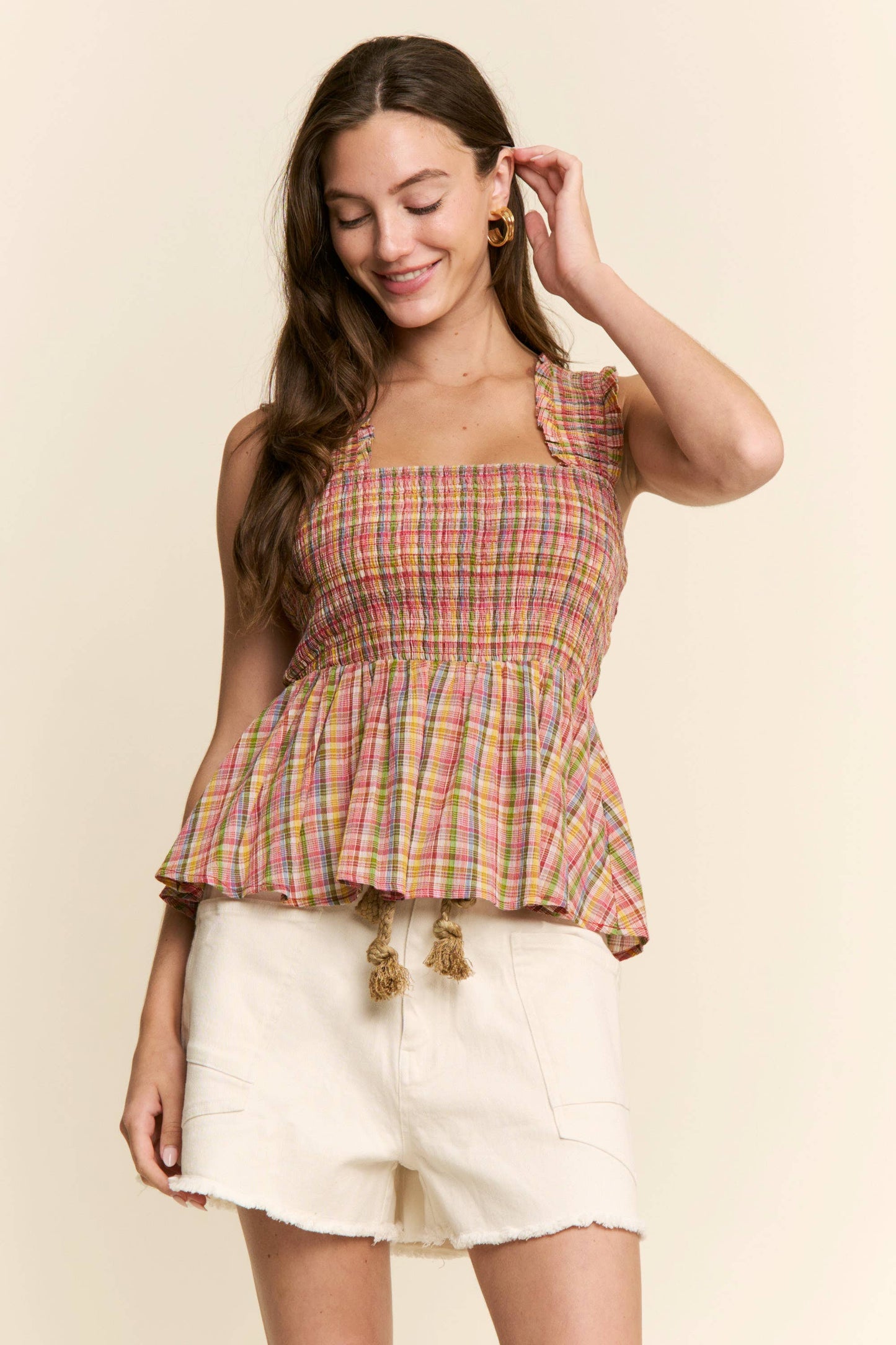 A New Arrival: PLAID PATTERN PEPLUM TOP: Pink Combo