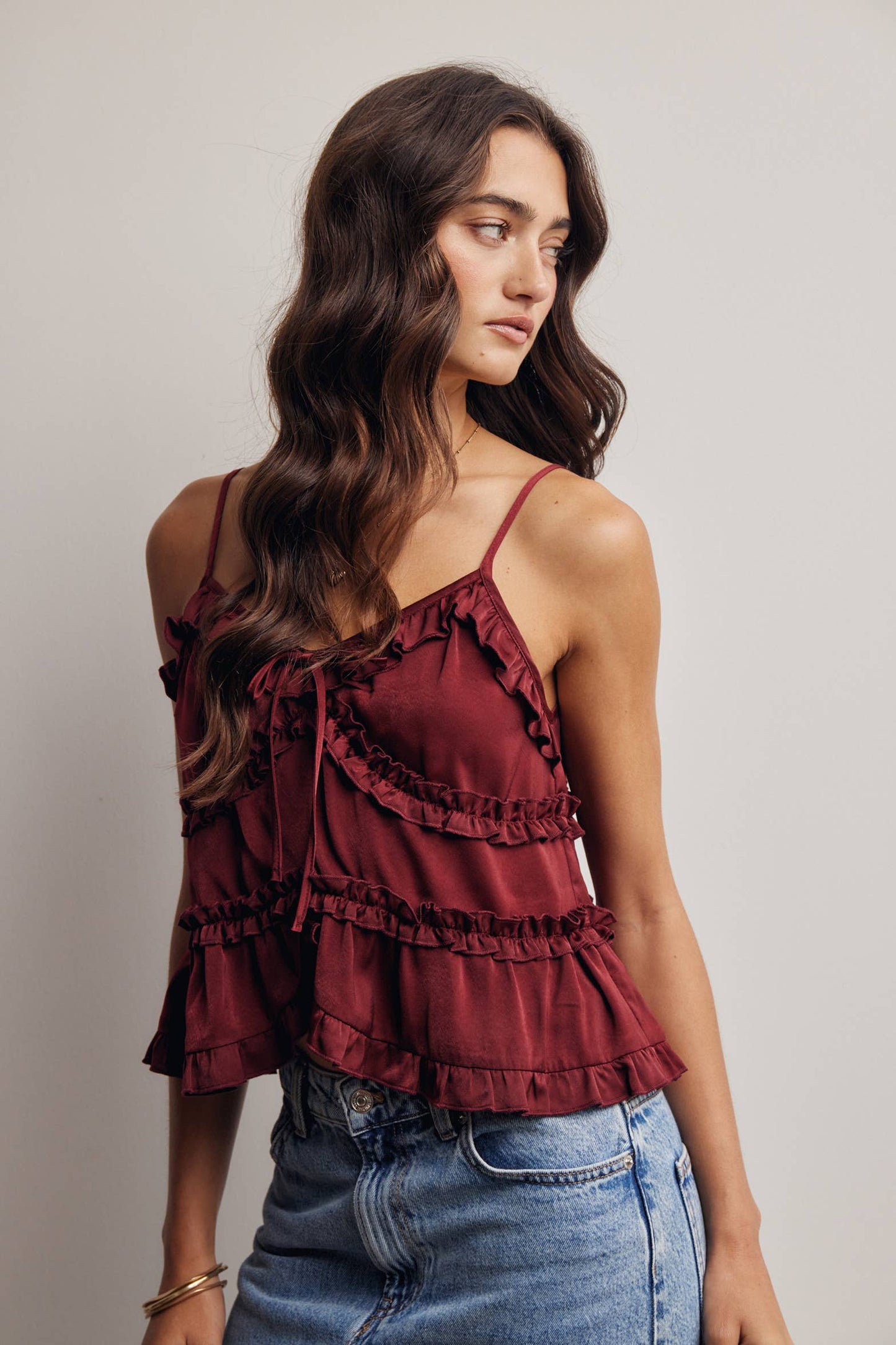 A New Arrival Ruffle Trim Tie Front Cami Top: Burgundy / Contemporary