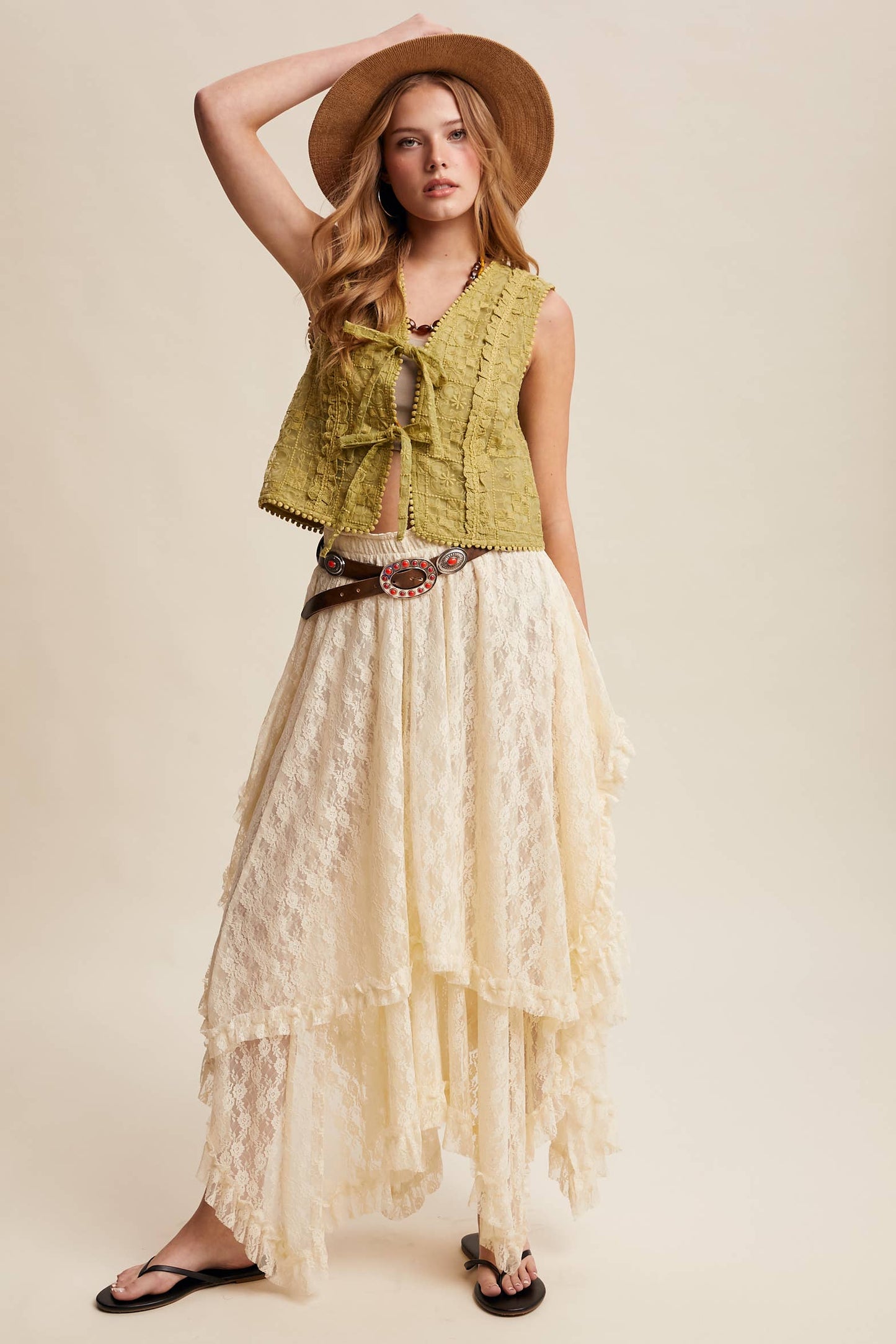 A New Arrival Embroidered Lace Tie-Front : Ecru