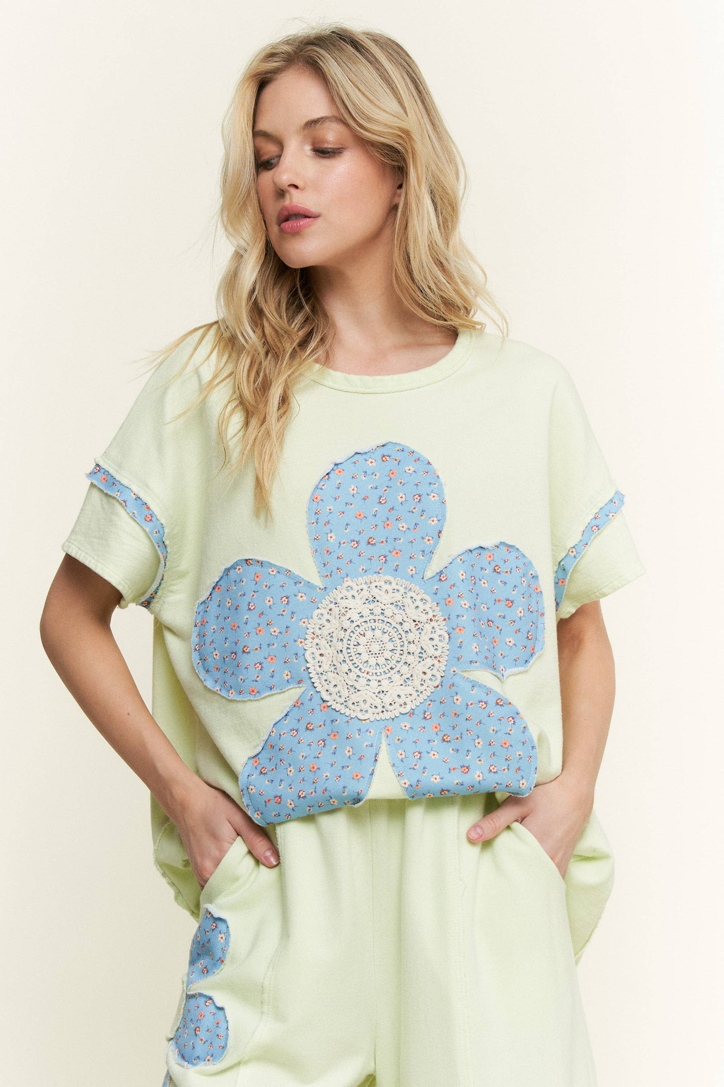 Cotton French Terry Flower Doily Patched top: SoftLime
