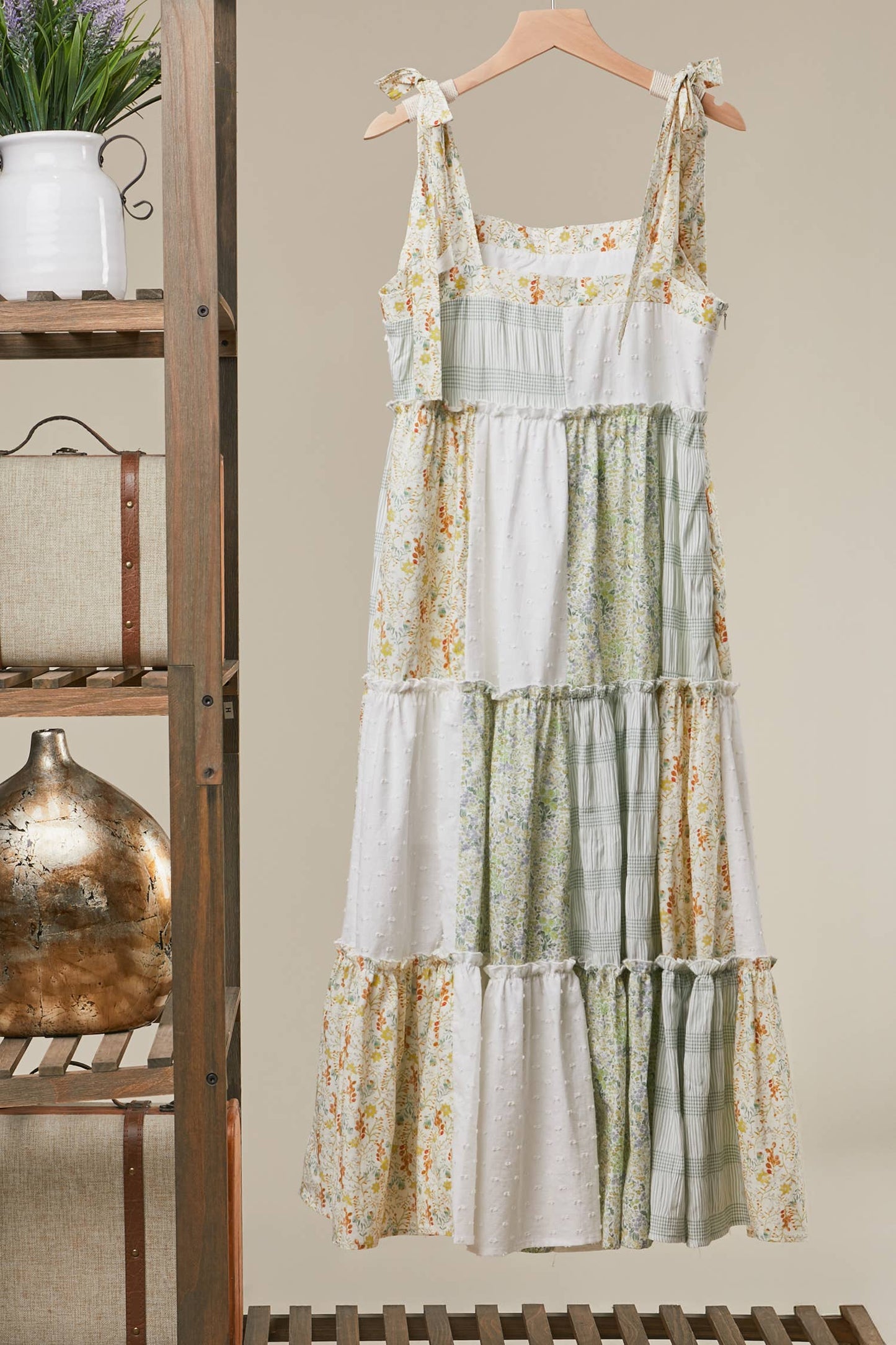 A New Arrival Patchwork Tie-Shoulder Tiered Maxi Dress: Ivory Multi