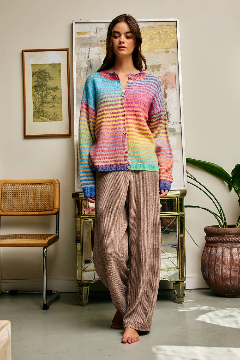 A New Arrival Space-Dye Striped Button-Down Cardigan: RAINBOW