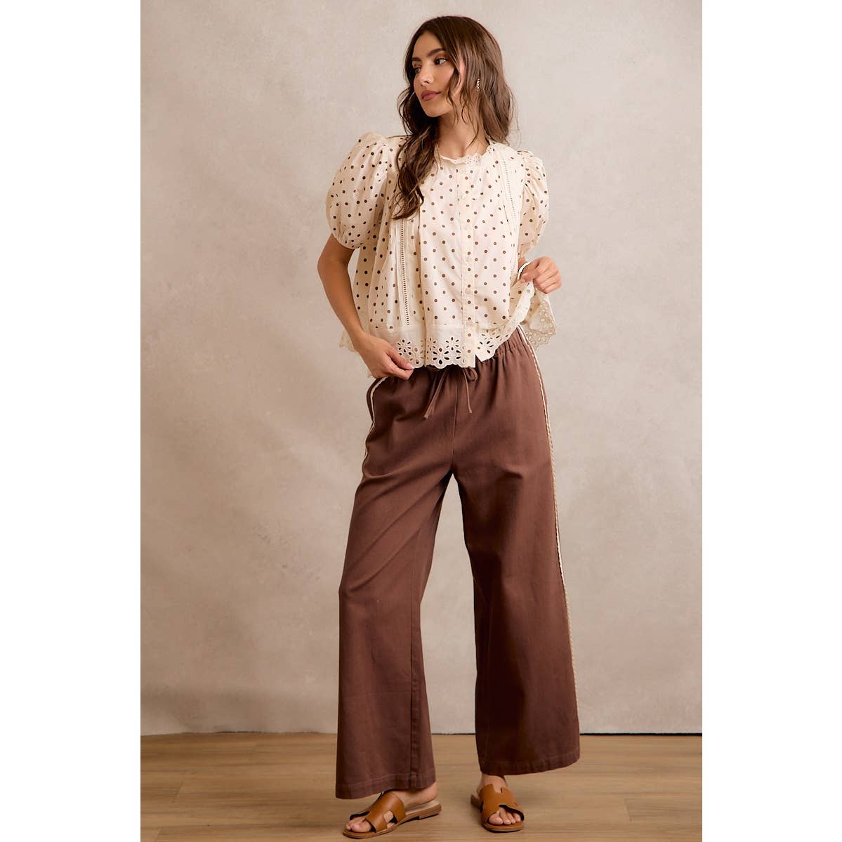 A New Arrival SIDE LACE TRIM COTTON DENIM WIDE LEG PULL ON PANTS: BROWN