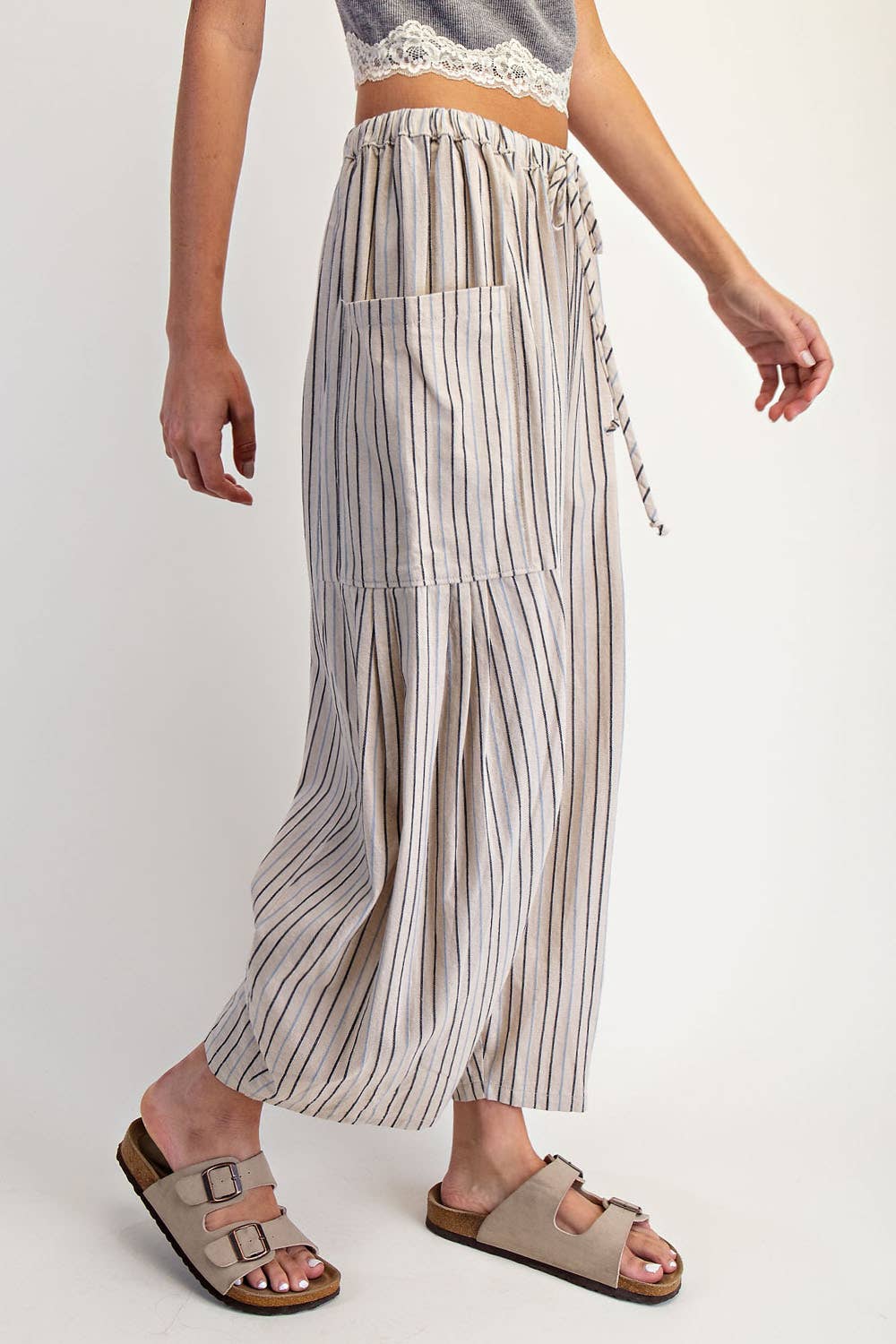 A New Arrival WIDE STRIPE LEG PANTS: Natural Combo