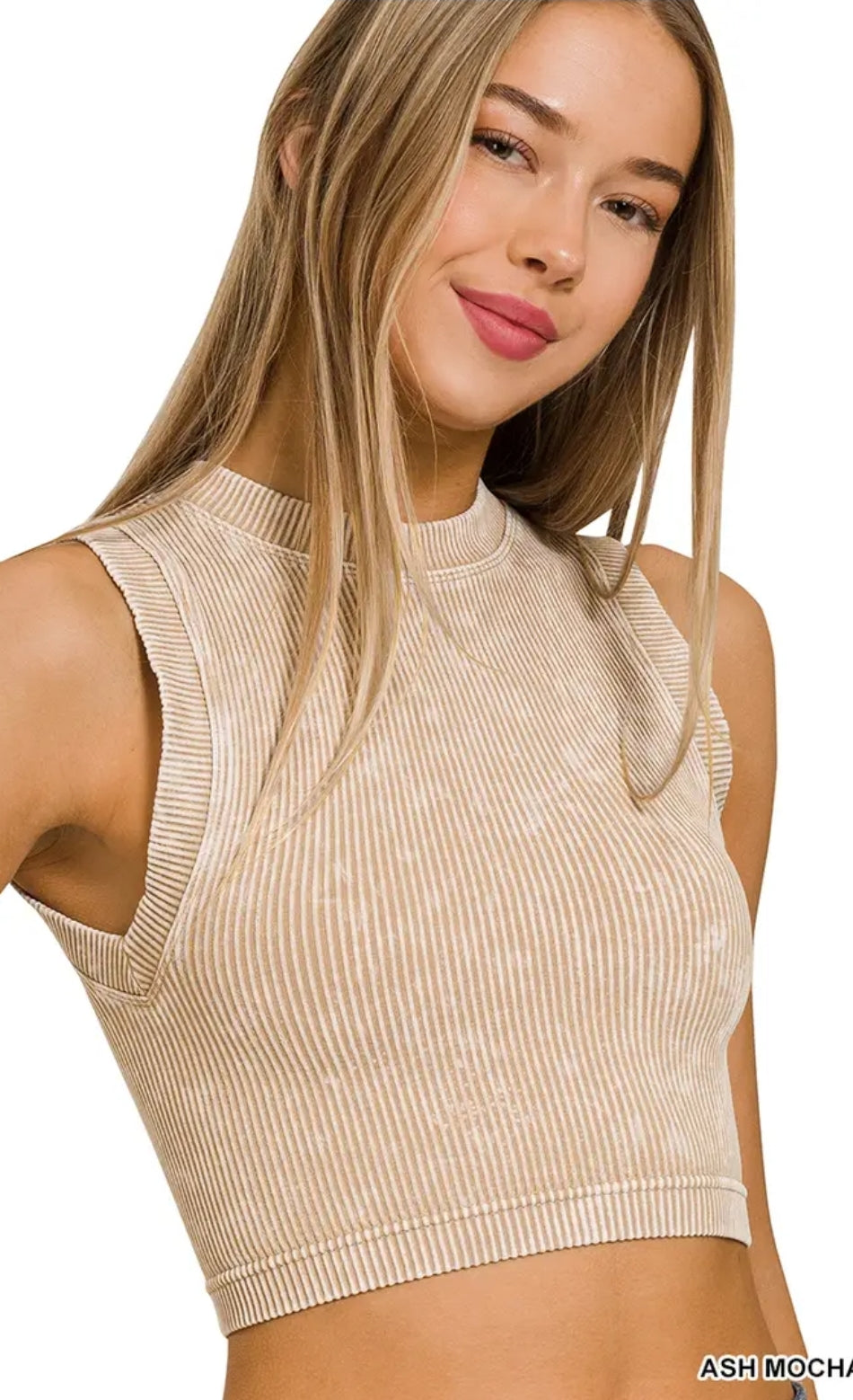 Washed Ribbed Seamless High Neck Crop Tank