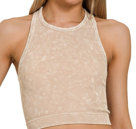 WASHED RIBBED SEAMLESS CROPPED TANK TOP