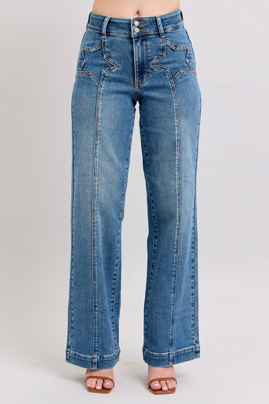 Judy Blue -High Waisted Star & Front Seam Detail Wide Leg