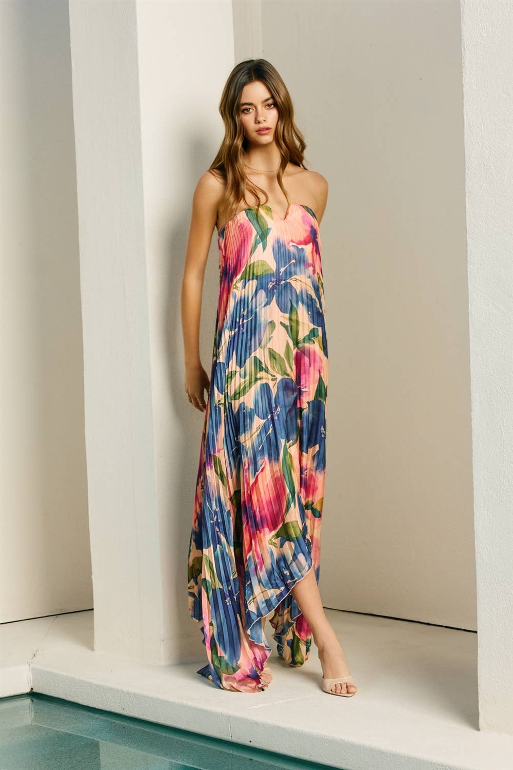 A New Arrival Floral Strapless Pleated Maxi Column Dress : LAPIS BLOOM