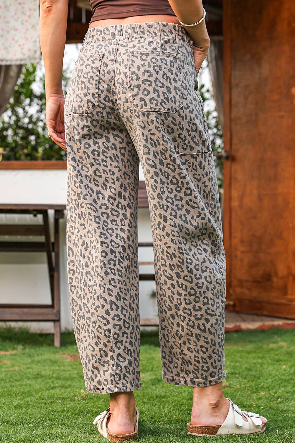 Leopard Drawstring Waist Pocketed Wide Leg Jeans