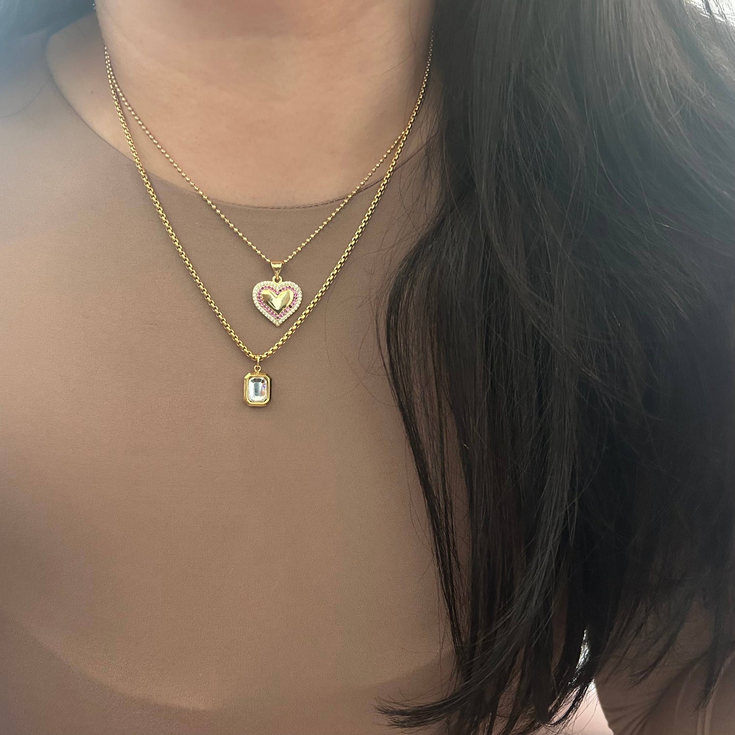 Clear Glass Pendant layering necklace 18k gold plated 