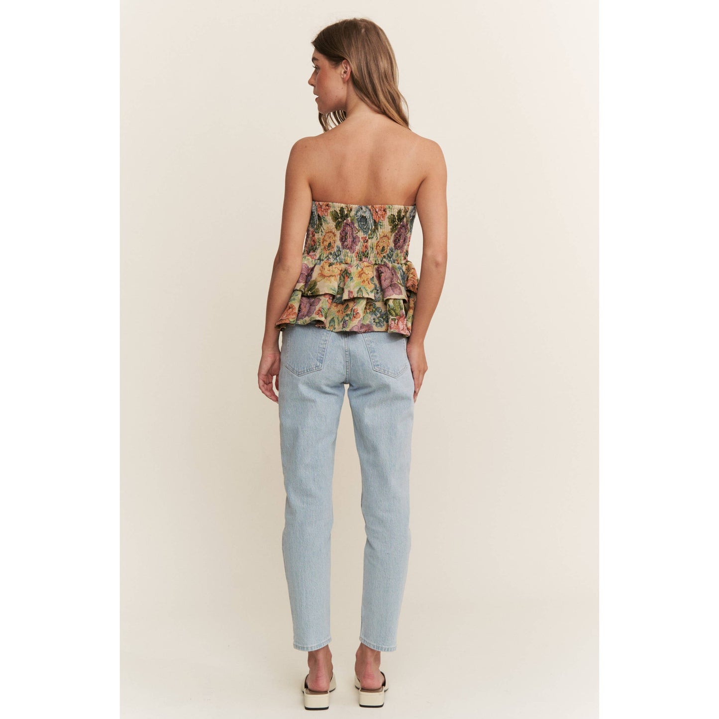 A New Arrival VINTAGE FLORAL PRINT WOVEN PEPLUM TIERED TUBE TOP: Blossom