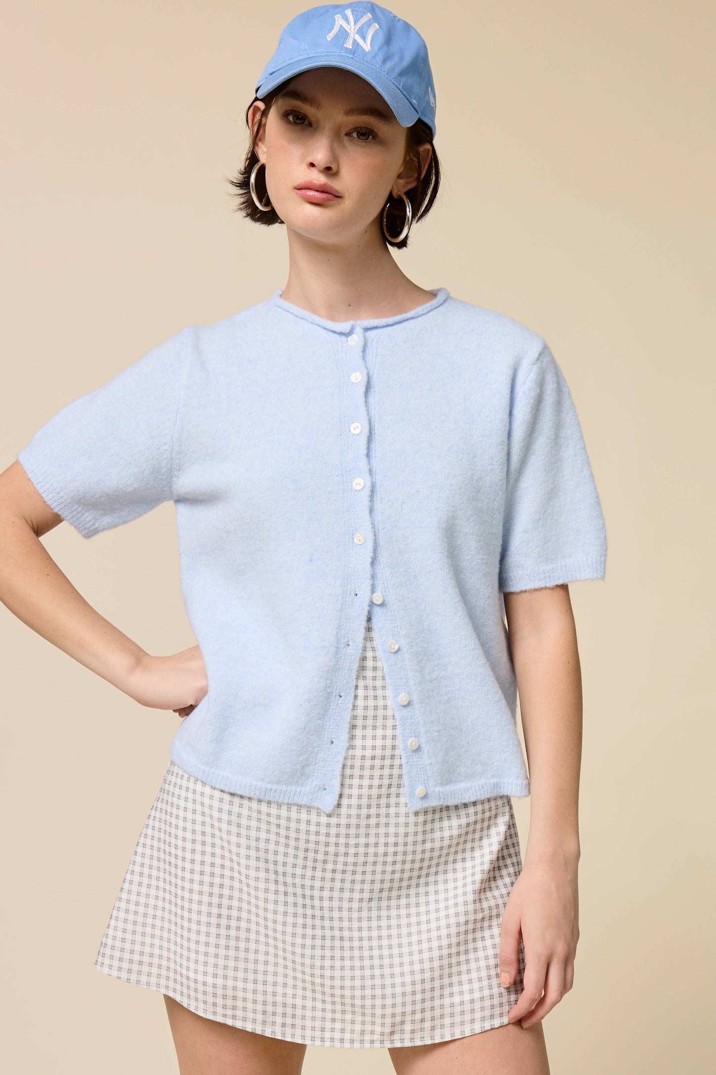 A New Arrival Short Sleeve Button Down Cardigan Top: Baby Blue