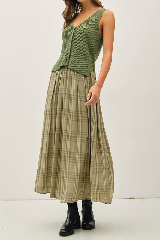 PLAID PRINTED PLEATS MIDI SKIRT : SPRUCE
