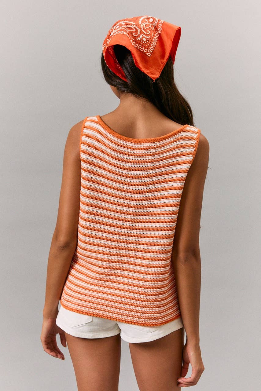 A New Arrival BOAT NECK SLEEVELESS BUTTON FRONT CROCHET EFFECT TOP: ORANGE-CREAM STRIPE