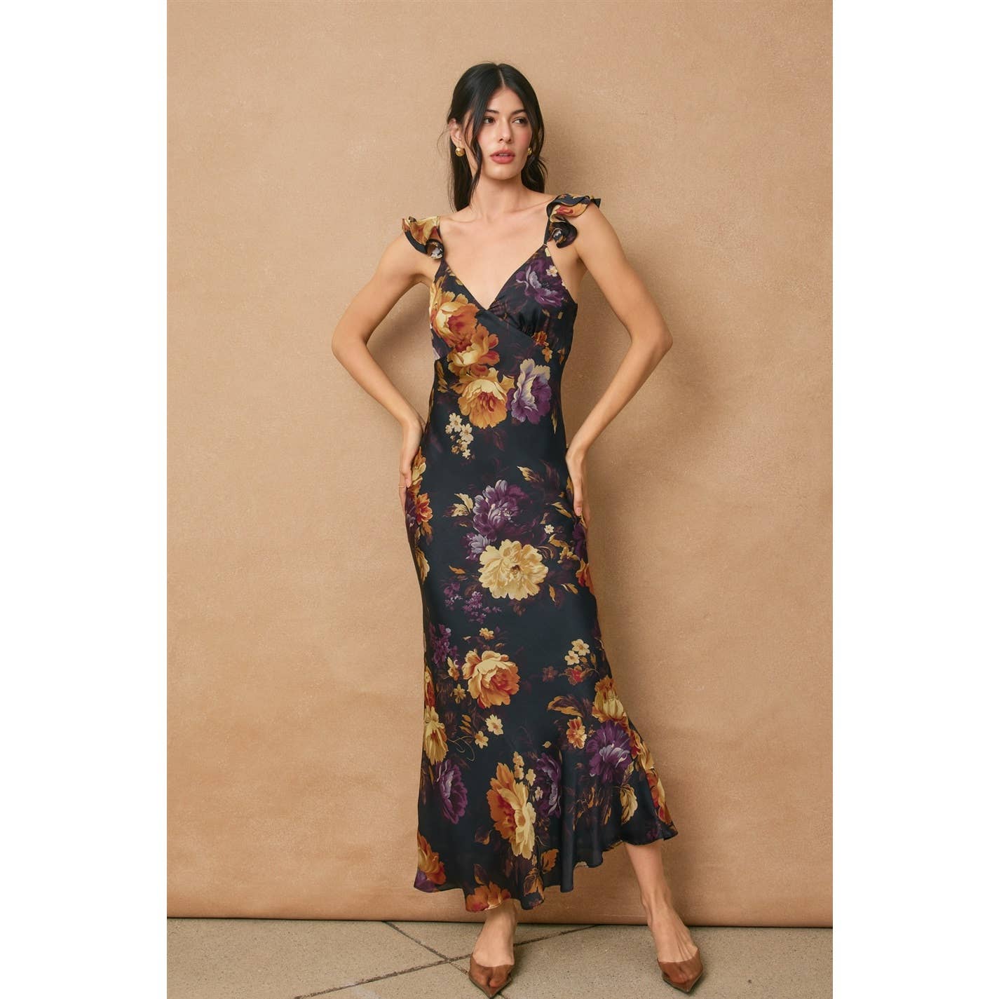 A New Arrival Floral Flutter Shoulder Maxi Dress: NIGHTFALL FLORAL