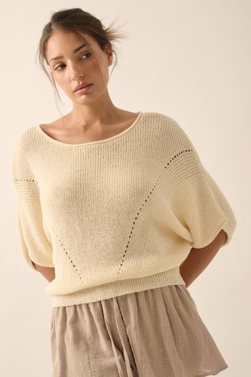 Short-Sleeve Pointelle Ribbed Knit Sweater: Espresso