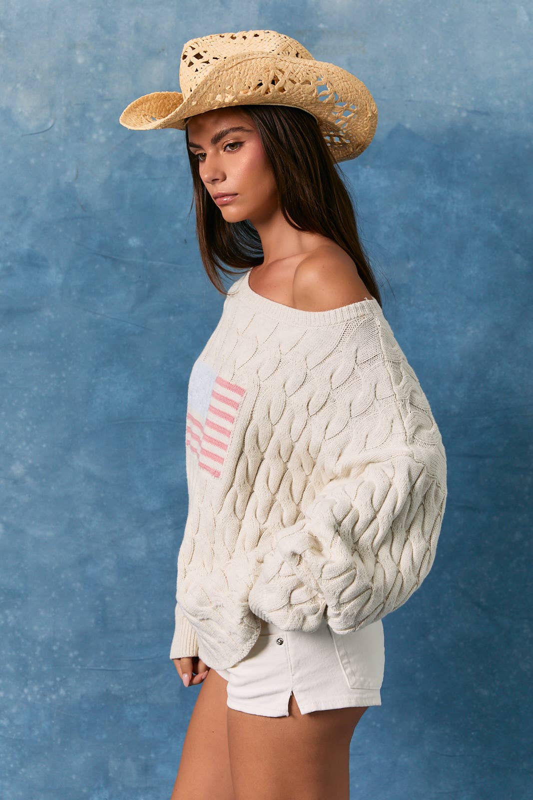 A New Arrival: BOAT NECK AMERICAN FLAG CABLE SWEATER TOP: CREAM