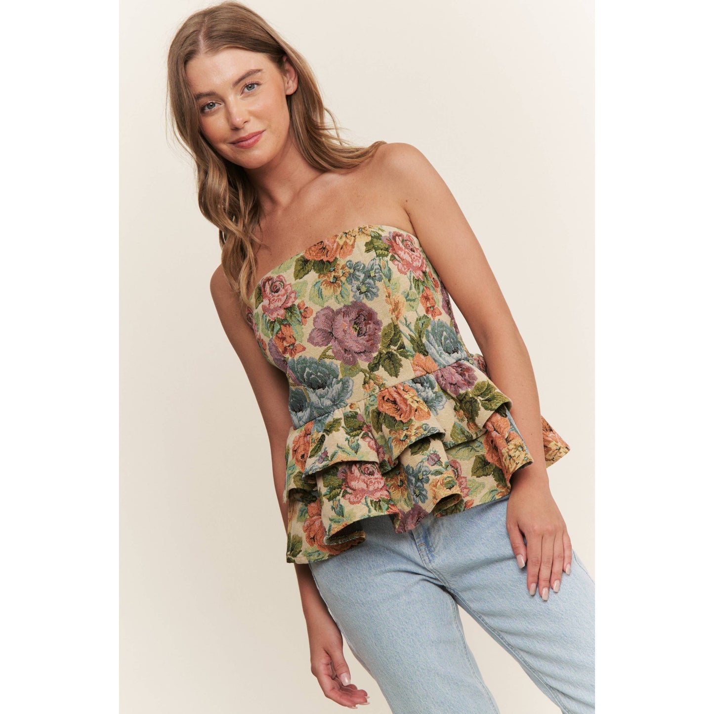 A New Arrival VINTAGE FLORAL PRINT WOVEN PEPLUM TIERED TUBE TOP: Blossom