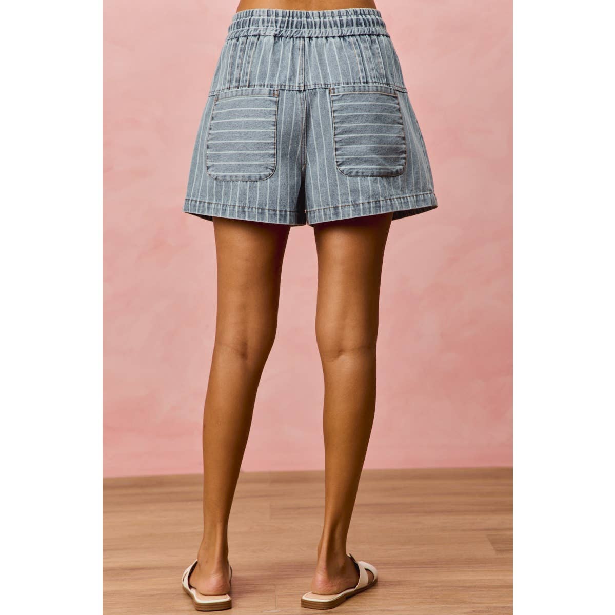 A New Arrival STRIPE FLARED PINTUCK DETAIL DENIM SHORTS