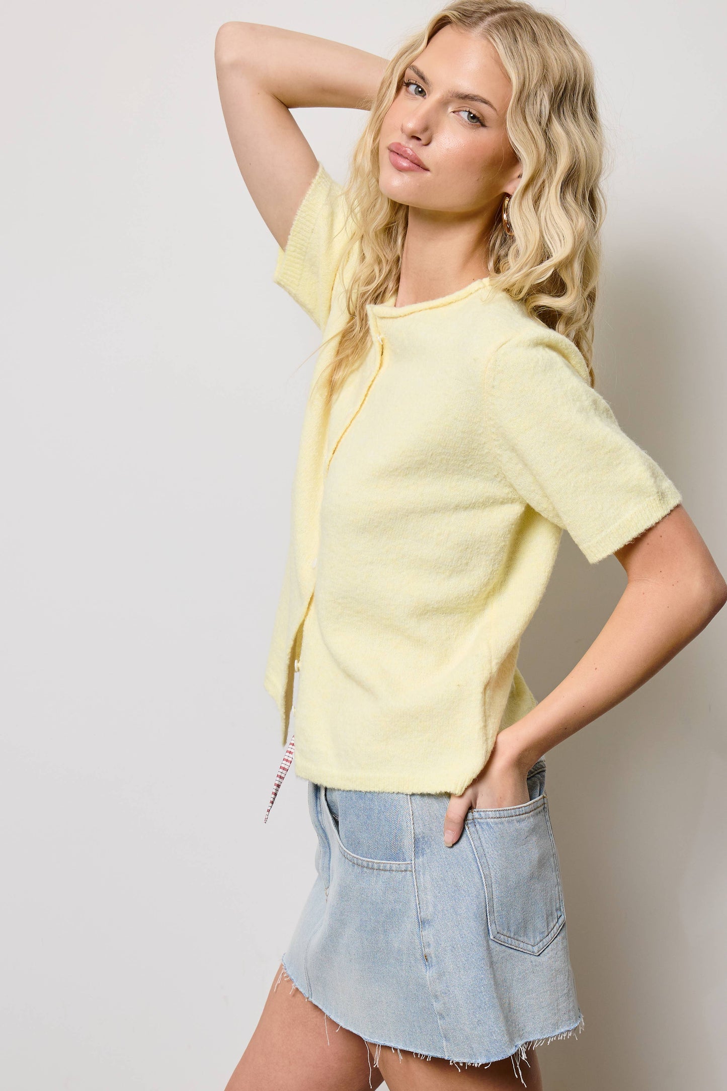 A New Arrival Short Sleeve Button Down Cardigan Top: Butter