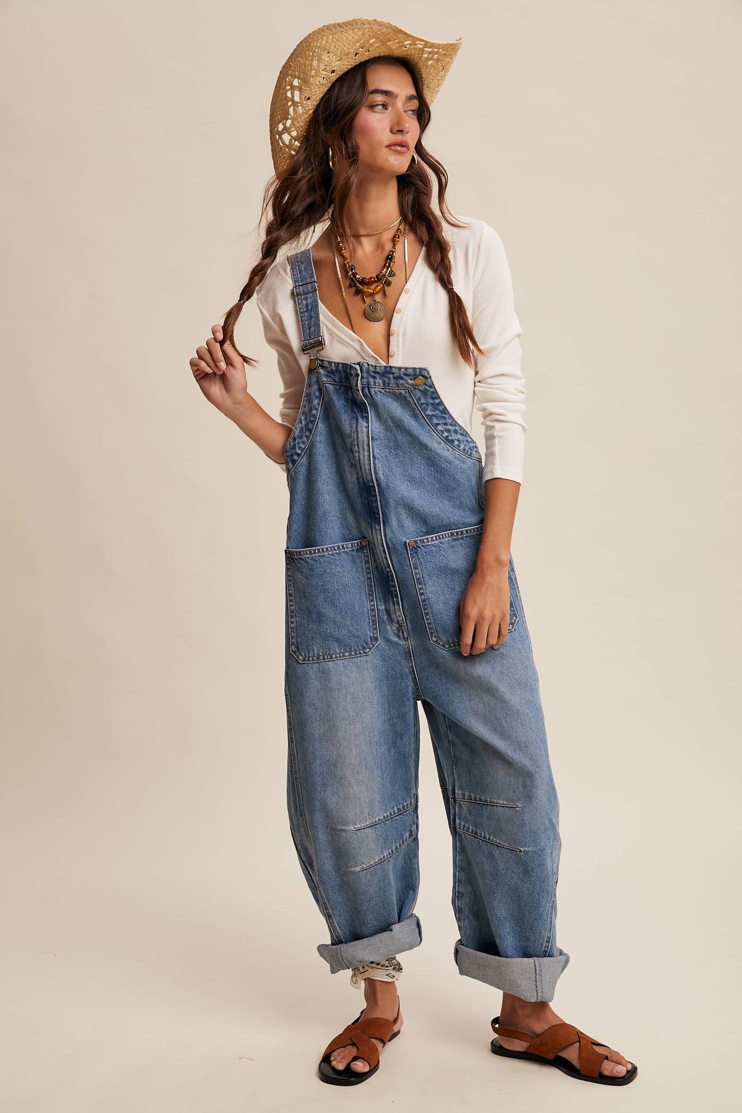 Western Wide-Leg Denim Overalls - Sunwashed Blue / Contemporary
