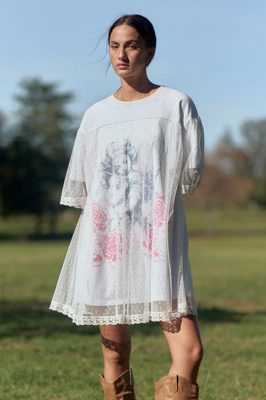 A New Arrival               ANGEL PRINTED TERRY DOTTED MESH LAYERED DRESS: Heather Grey