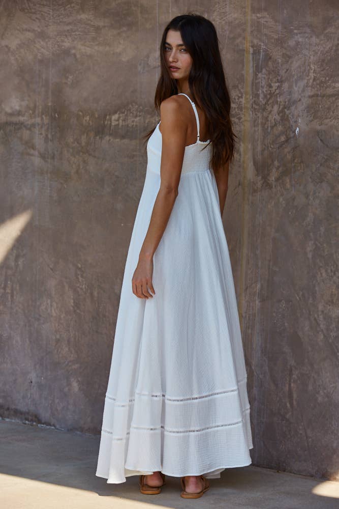 A New Arrival Woven Cotton Tube Neck Maxi Dress With Back Smocking: White