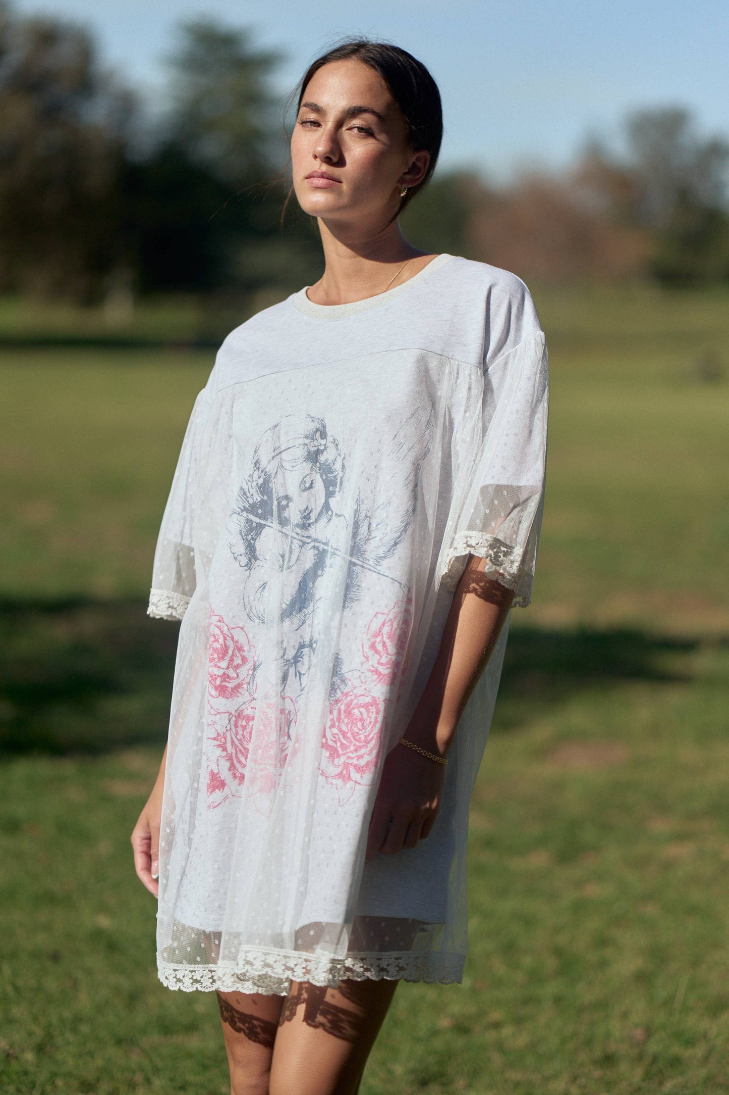 A New Arrival               ANGEL PRINTED TERRY DOTTED MESH LAYERED DRESS: Heather Grey