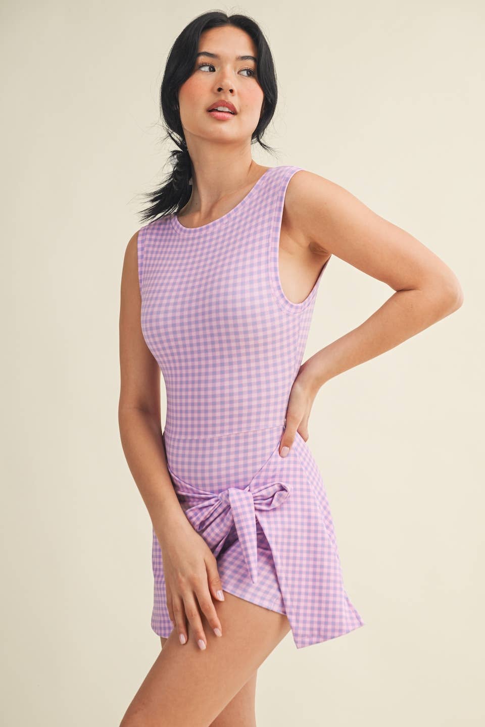 A New Arrival Gingham Print Sleeveless Wrap Tie Front Dress : Pink Gingham