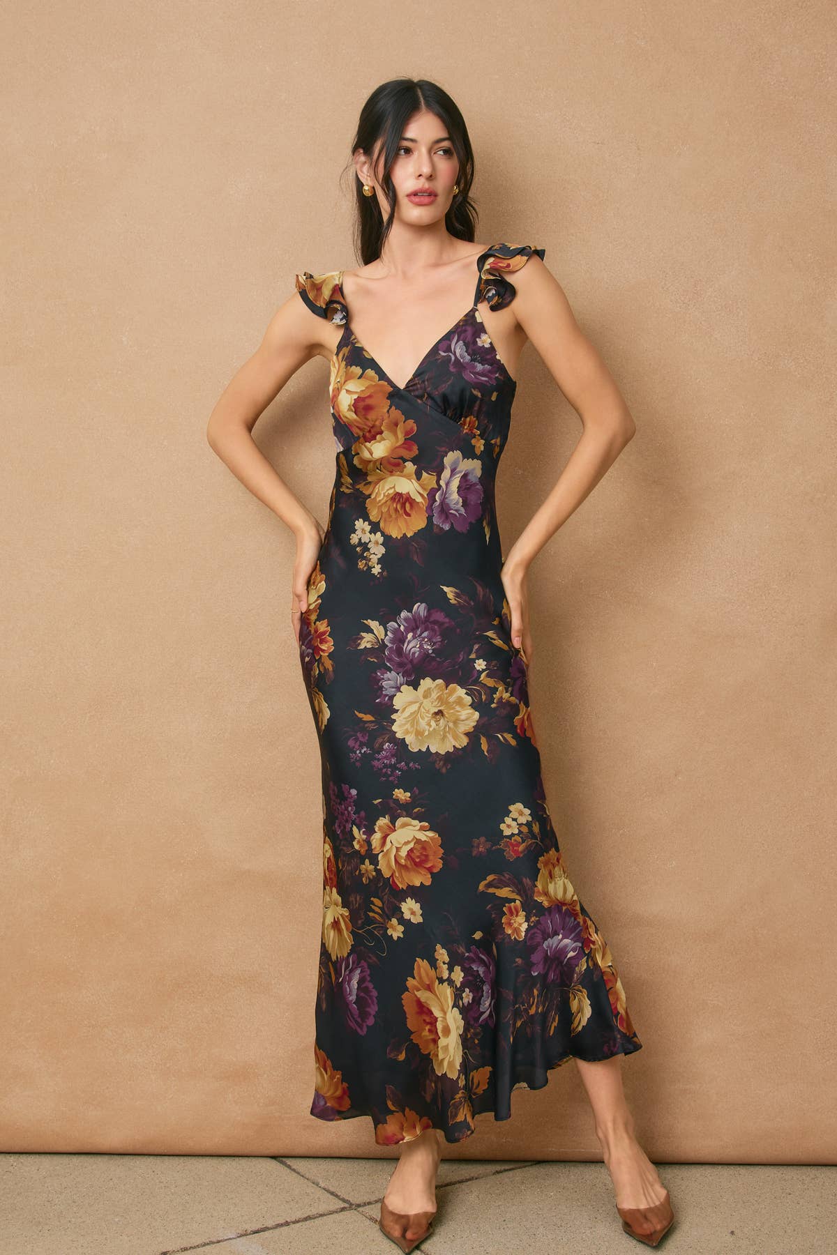 A New Arrival Floral Flutter Shoulder Maxi Dress: NIGHTFALL FLORAL