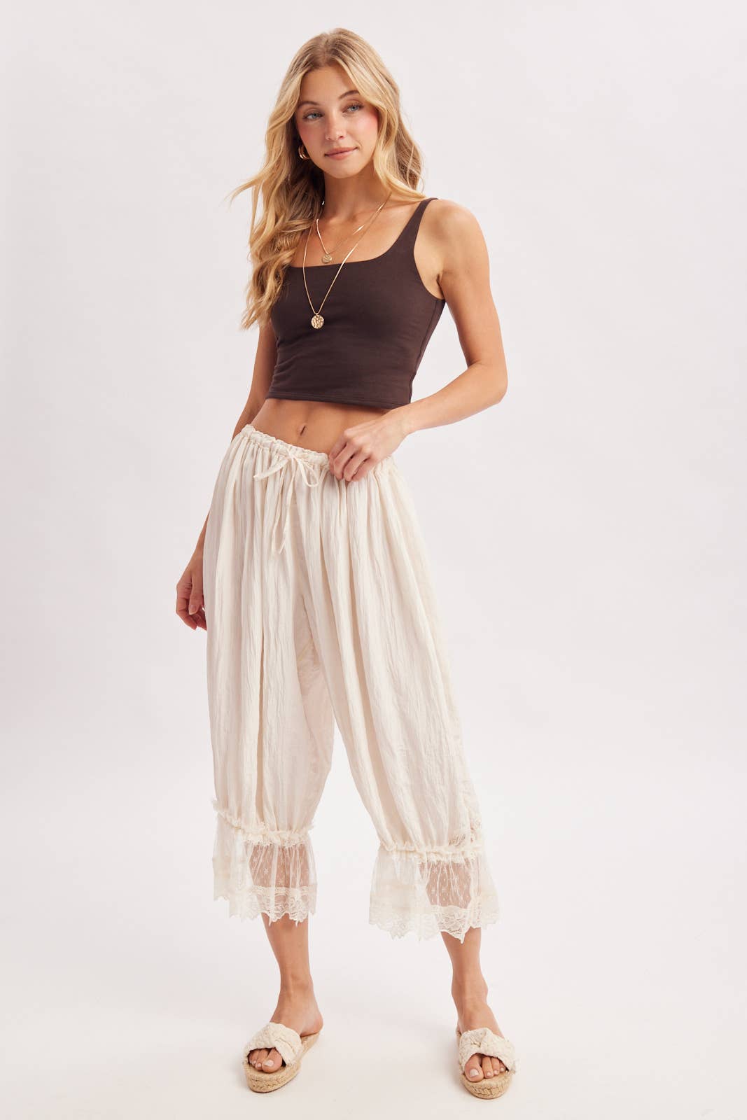 A New Arrival                  LACE TRIMMED MIDI BLOOMER PANTS: IVORY