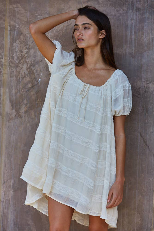 A New Arrival                Woven Polyester Pleated Lace Striped Mini Dress : Ivory