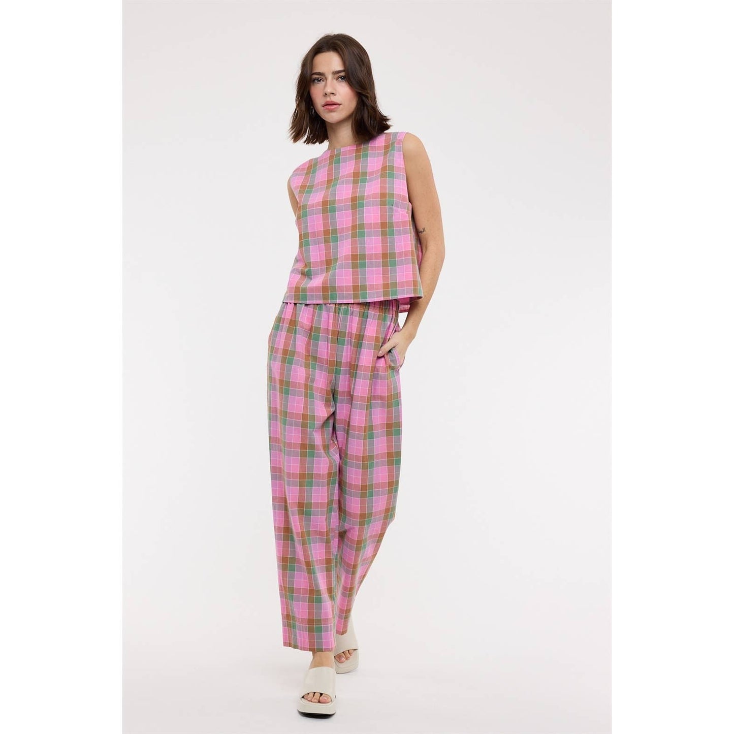 A New Arrival: MULTI-PLAID TOP AND PANTS SET / BLUE/MINT