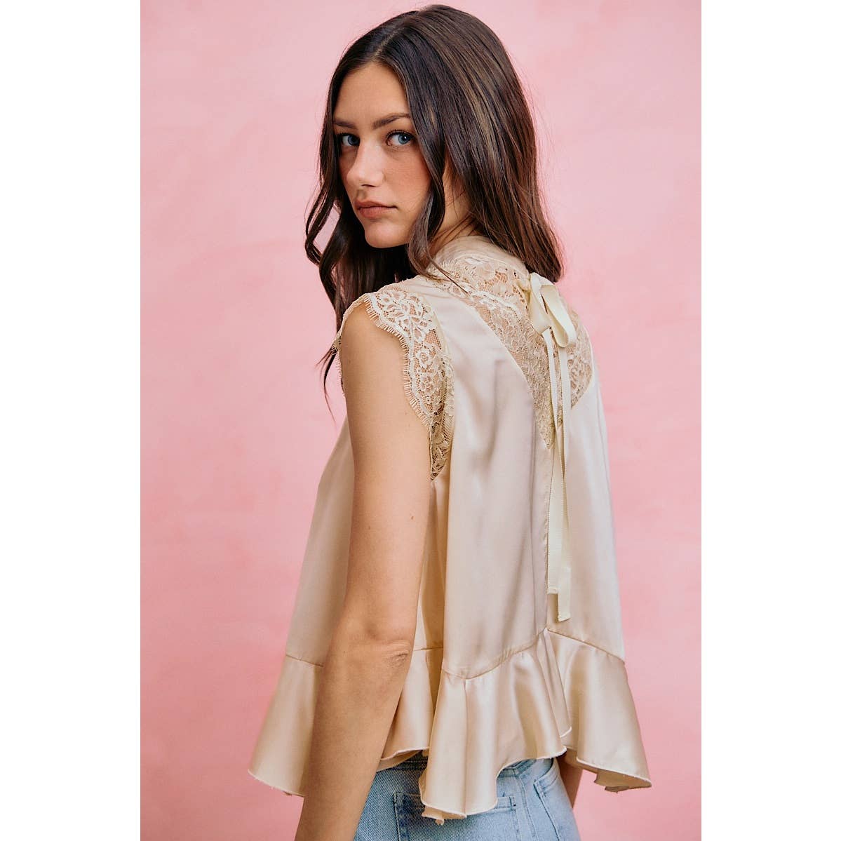 A New Arrival SATIN MOCK NECK LACE TRIM PEPLUM BLOUSE TOP: CREAM