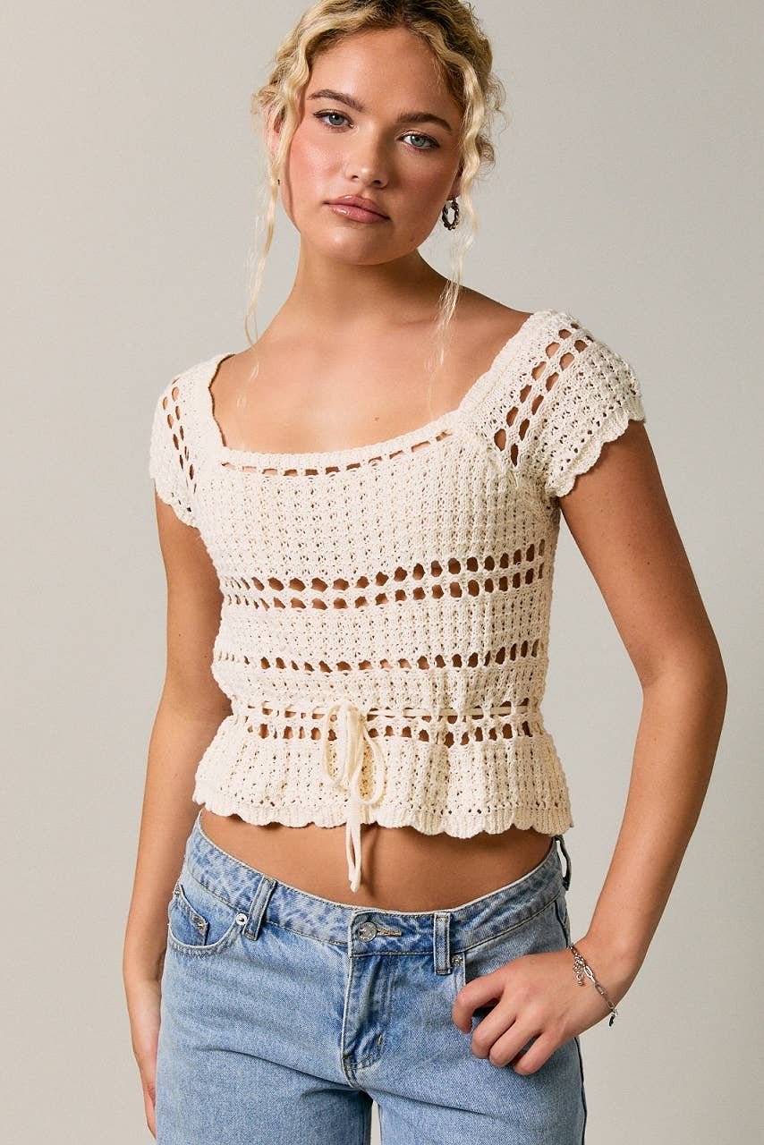 A New Arrival: SQUARE NECK WAIST TIE CROCHET SLEEVELESS TOP: CREAM