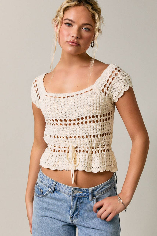 A New Arrival: SQUARE NECK WAIST TIE CROCHET SLEEVELESS TOP: CREAM