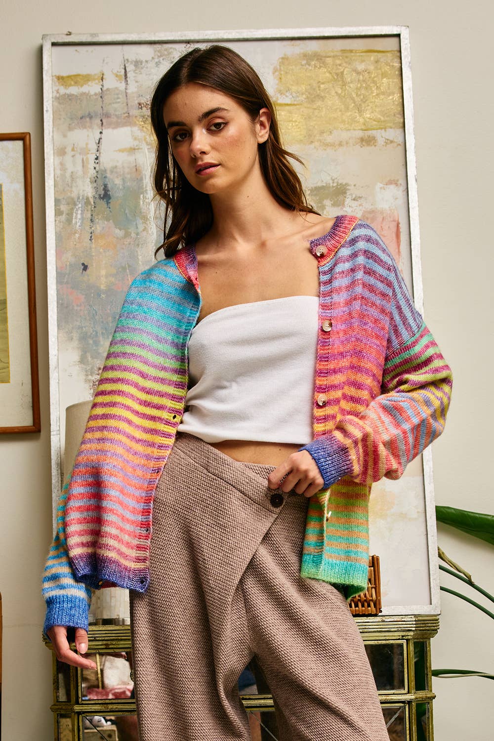 A New Arrival Space-Dye Striped Button-Down Cardigan: RAINBOW
