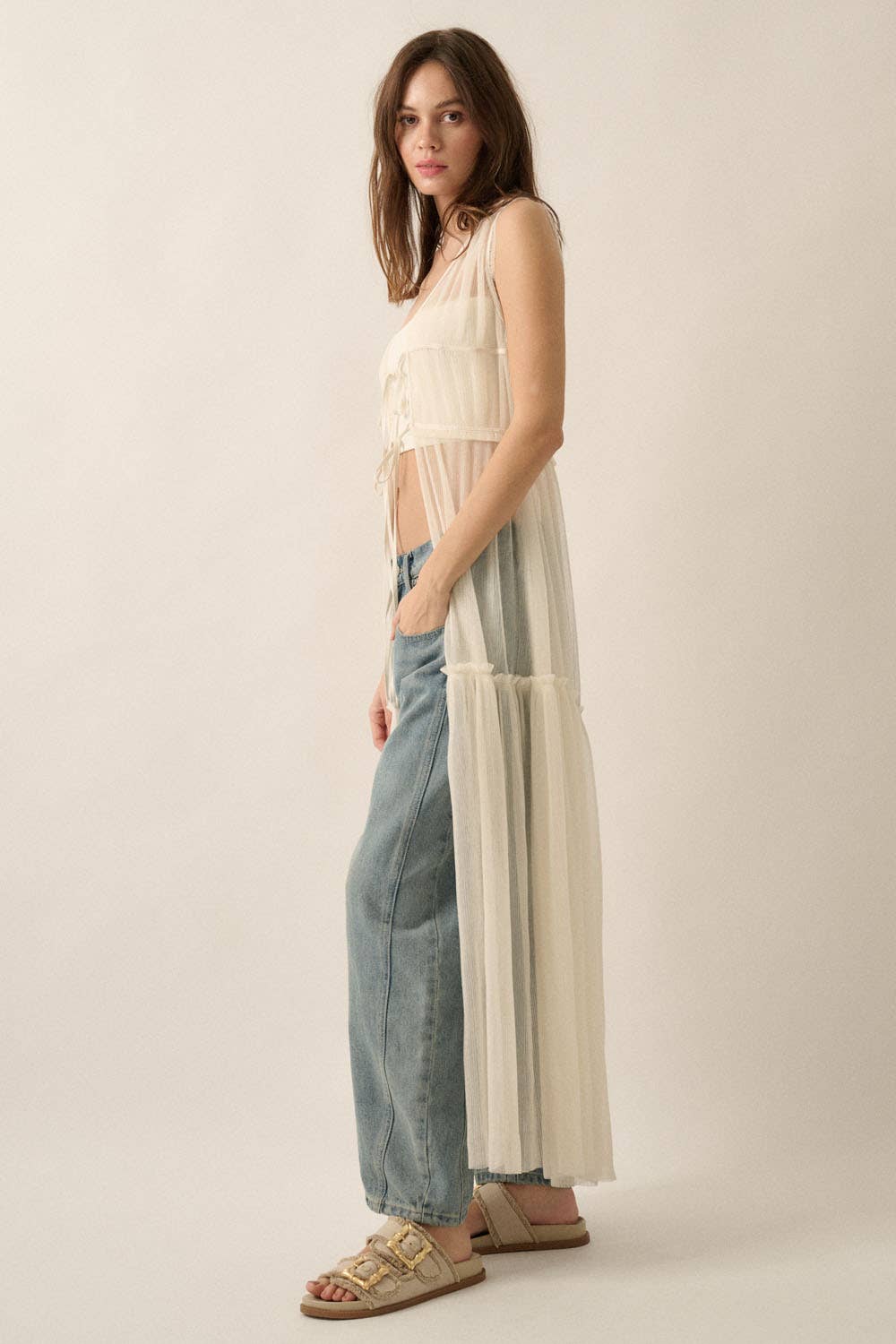 A New Arrival                 Sheer Tulle Ruffled Tie-Front Layering Maxi Top: Off White