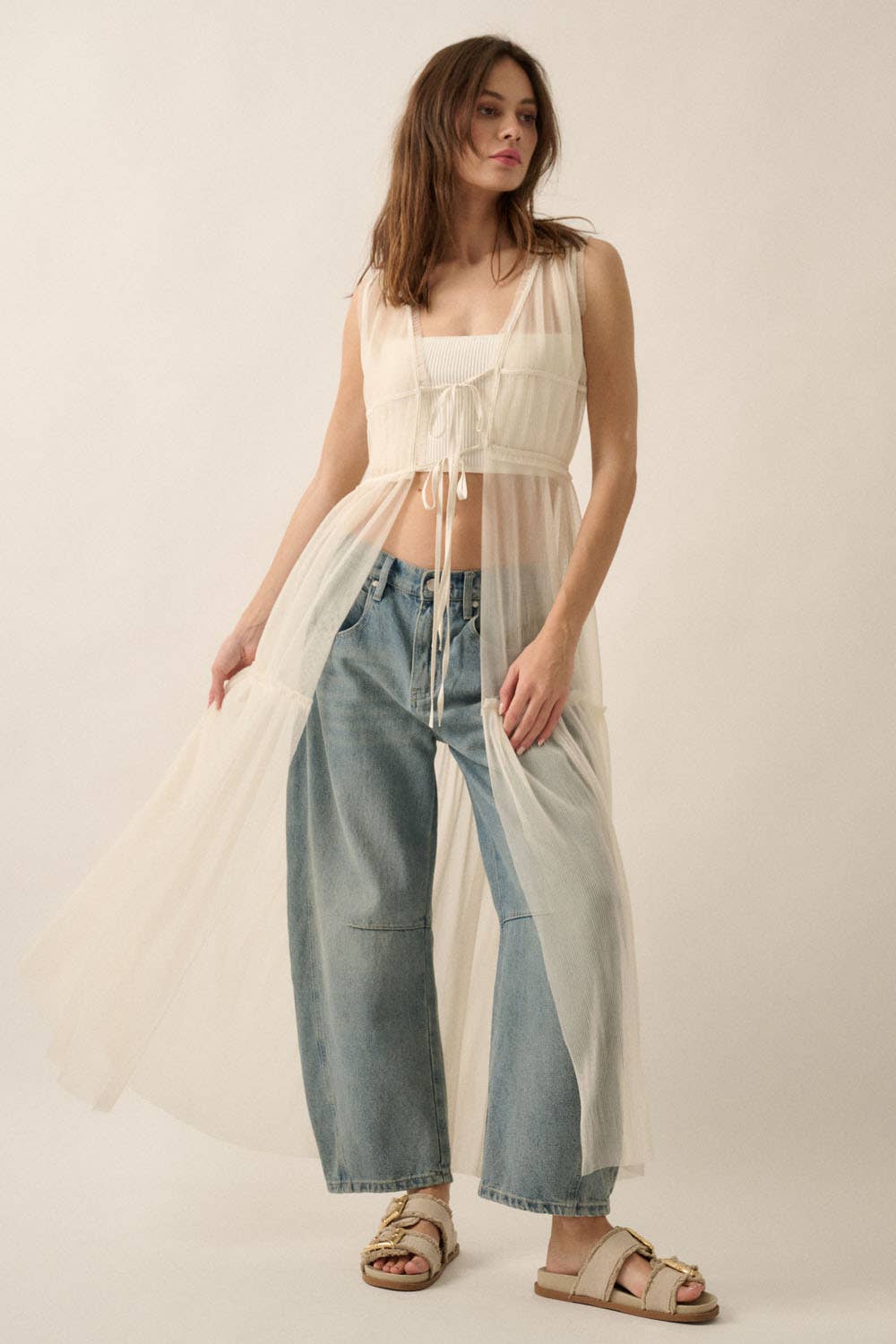 A New Arrival                 Sheer Tulle Ruffled Tie-Front Layering Maxi Top: Off White