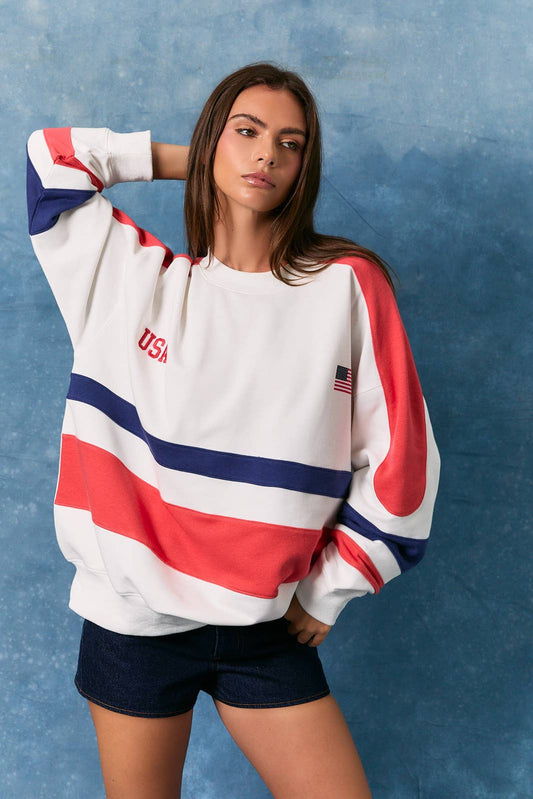 A New Arrival: LONG SLEEVE CREW NECK COLOR BLOCK OVERSIZED SWEATSHIRT: WHITE-RED-NAVY
