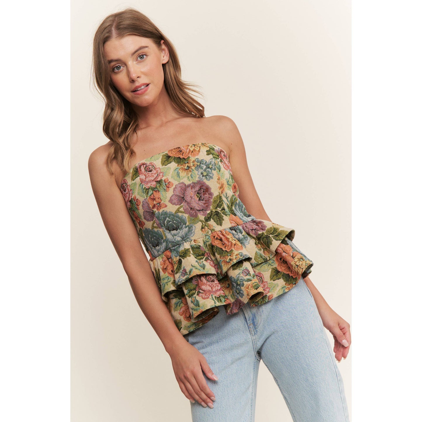 A New Arrival VINTAGE FLORAL PRINT WOVEN PEPLUM TIERED TUBE TOP: Blossom