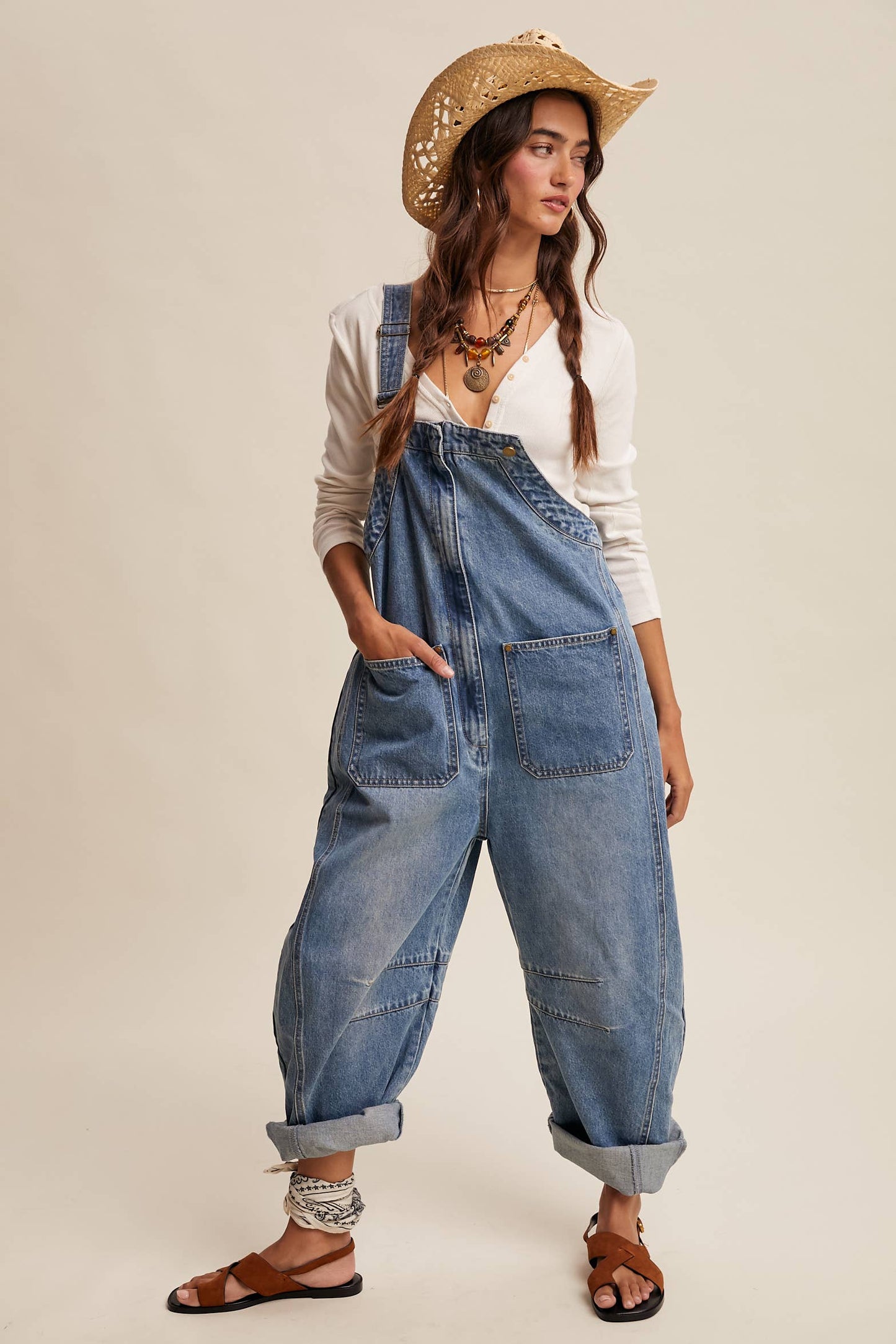 Western Wide-Leg Denim Overalls - Sunwashed Blue / Contemporary