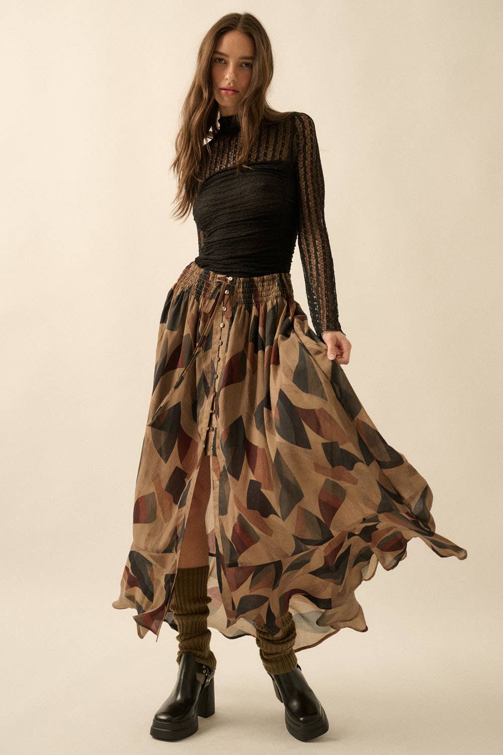 Abstract-Print Button-Front Drawstring Maxi Skirt