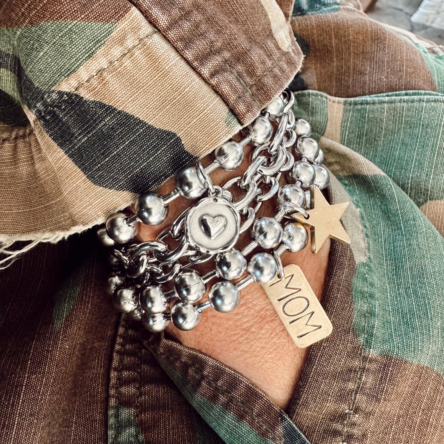 Hand Stamped MOM Brass Tag Bracelet: 7"