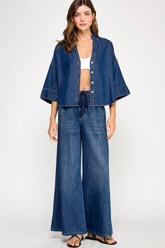 DENIM WIDE SLEEVE SHIRT: Denim Blue