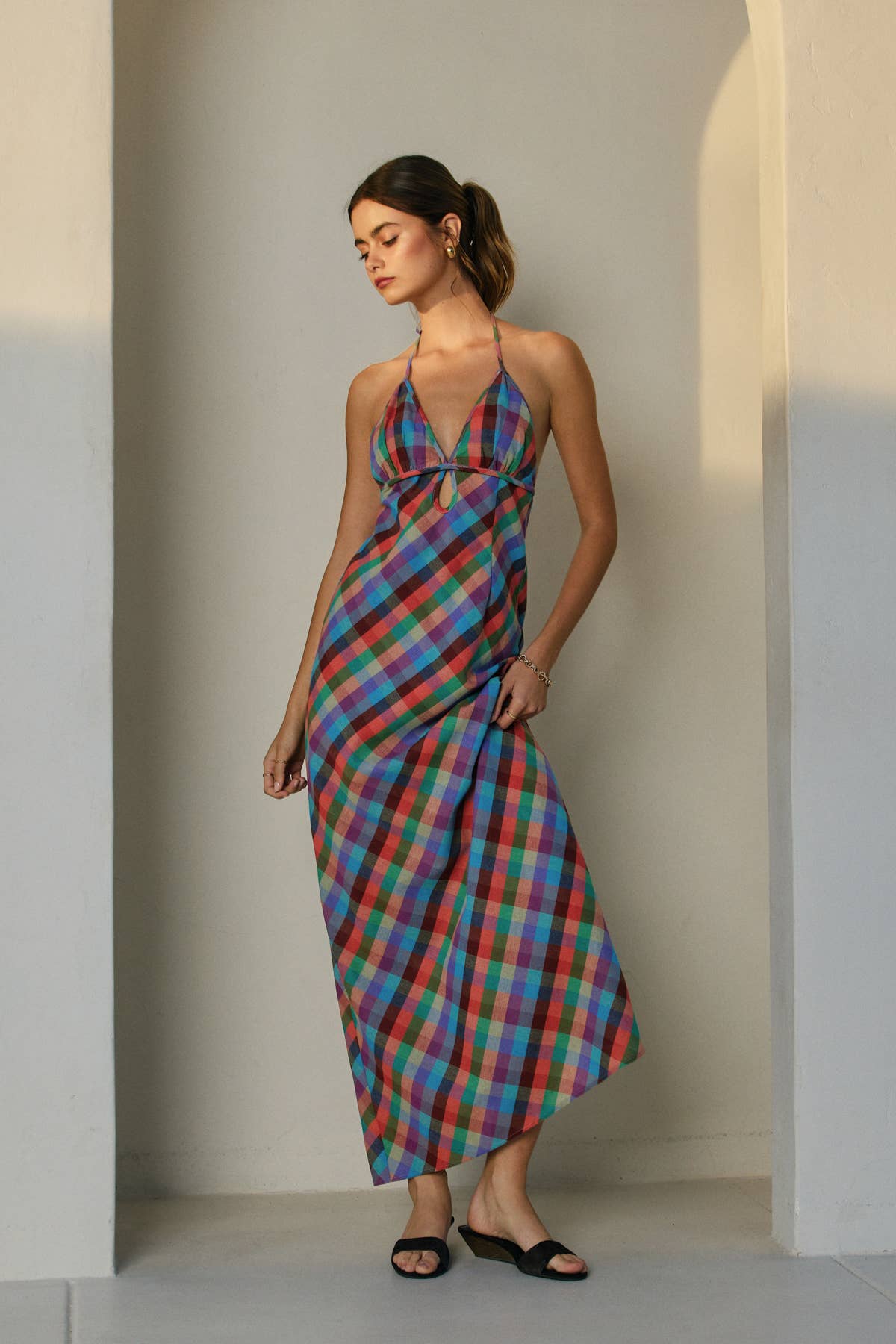 A New Arrival               Vibrant Vines Triangle Top Halter Maxi Dress: ROMANTIC PEONY