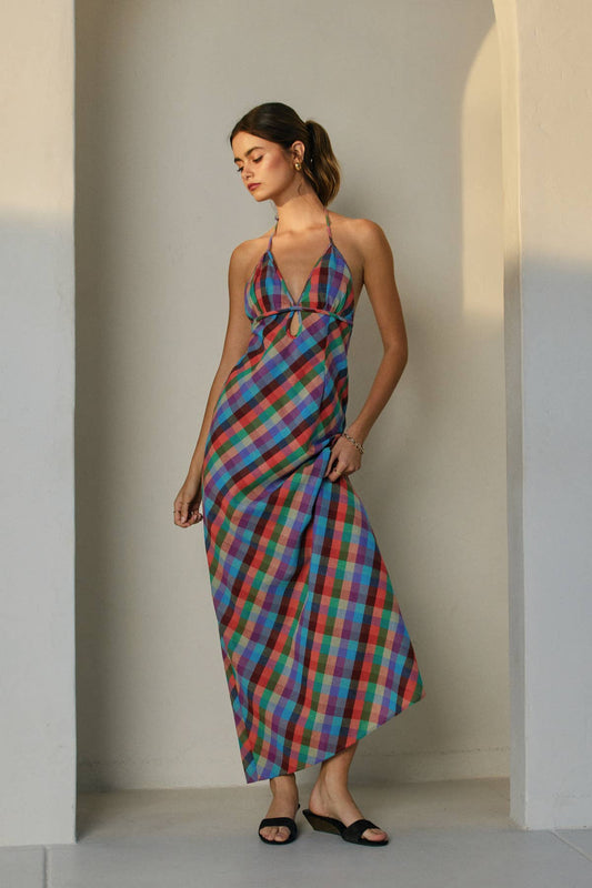 A New Arrival               Vibrant Vines Triangle Top Halter Maxi Dress: ROMANTIC PEONY