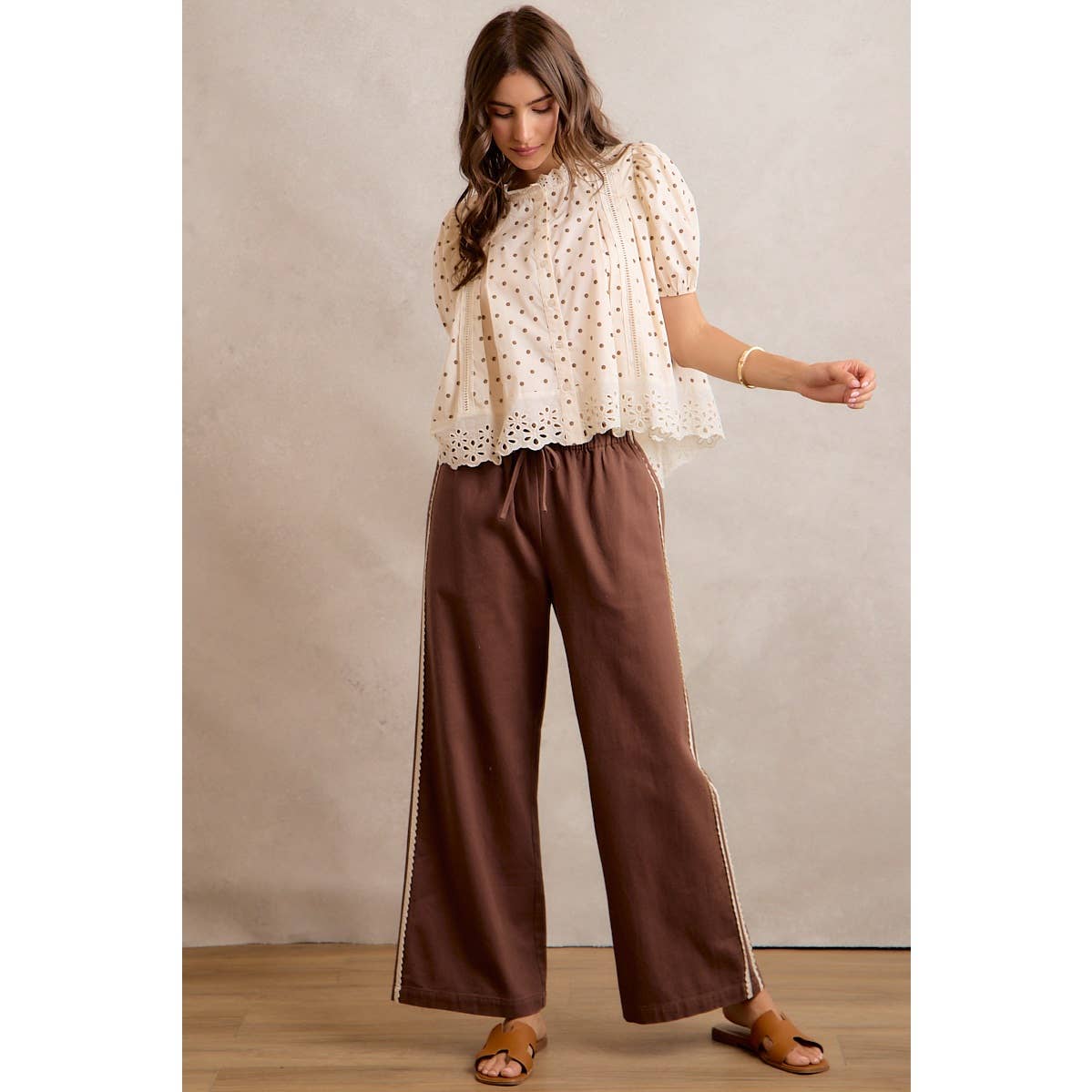 A New Arrival SIDE LACE TRIM COTTON DENIM WIDE LEG PULL ON PANTS: BROWN